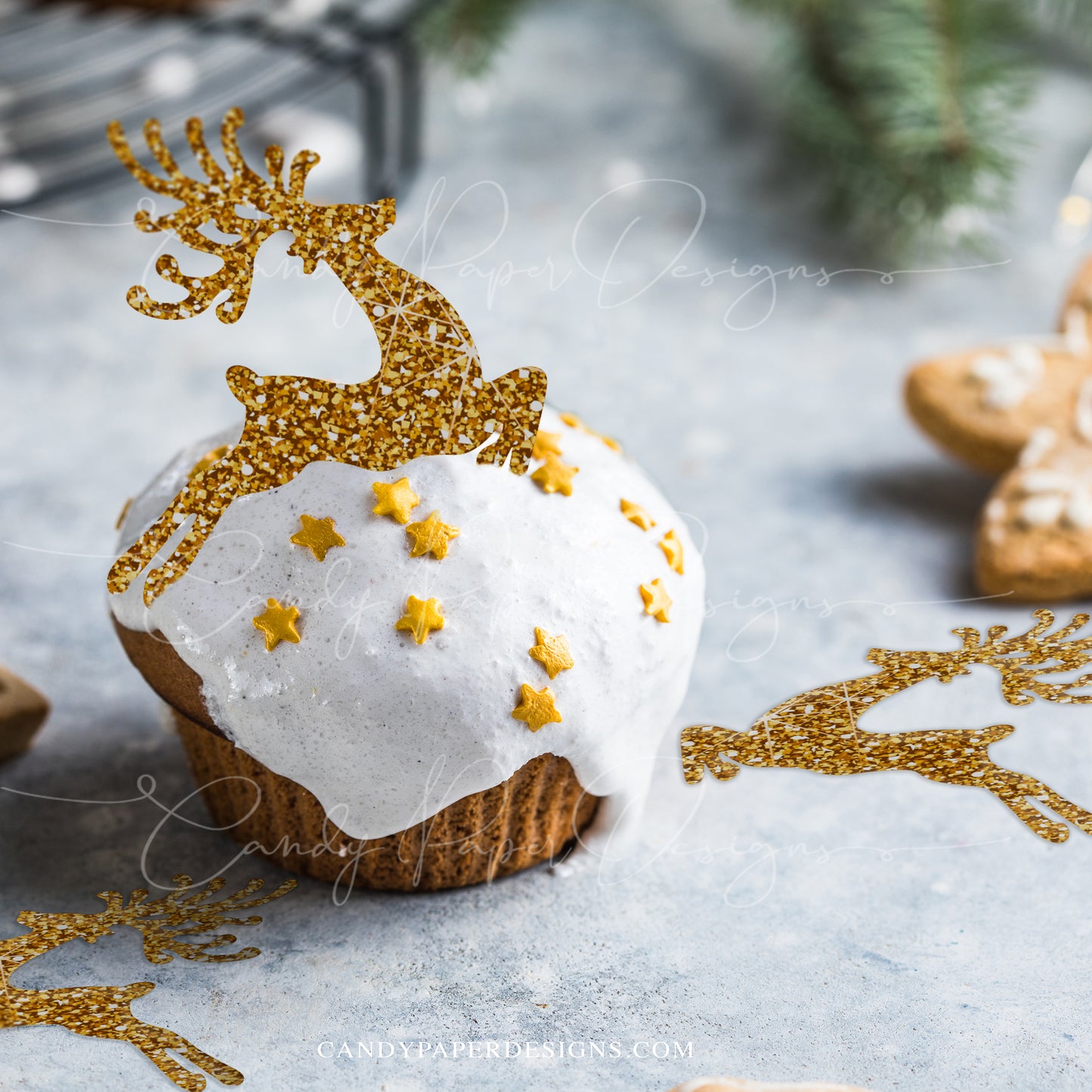 Pre-cut Gold Reindeer Edible Topper