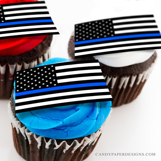 21 Edible Thin Blue Line Flag for Cupcake Toppers