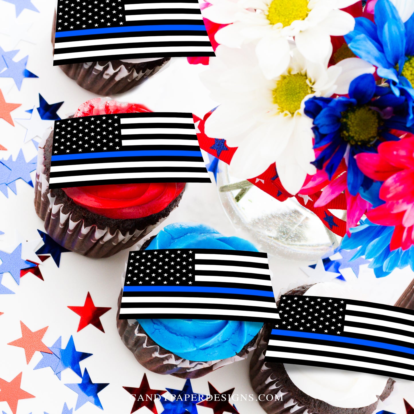 21 Edible Thin Blue Line Flag for Cupcake Toppers
