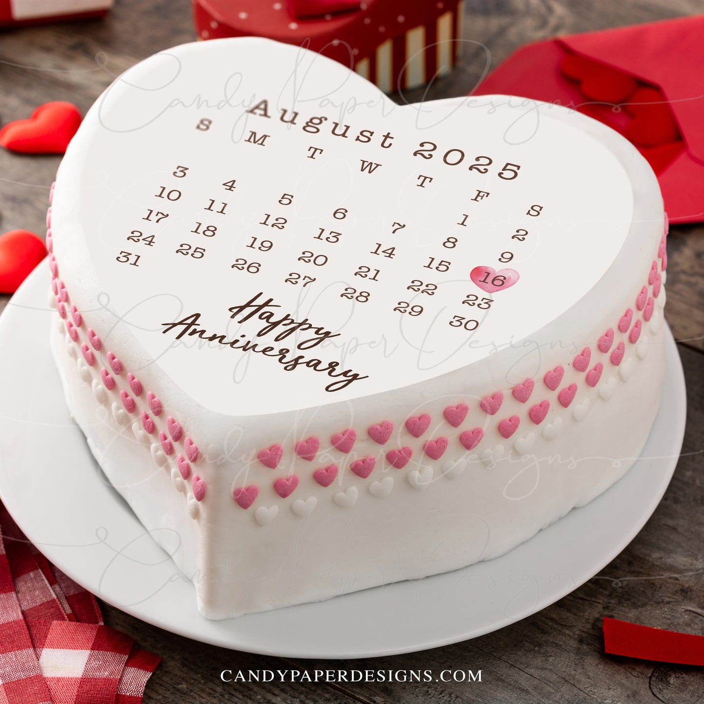 Personalized Calendar Heart Cake Topper, Edible Anniversary