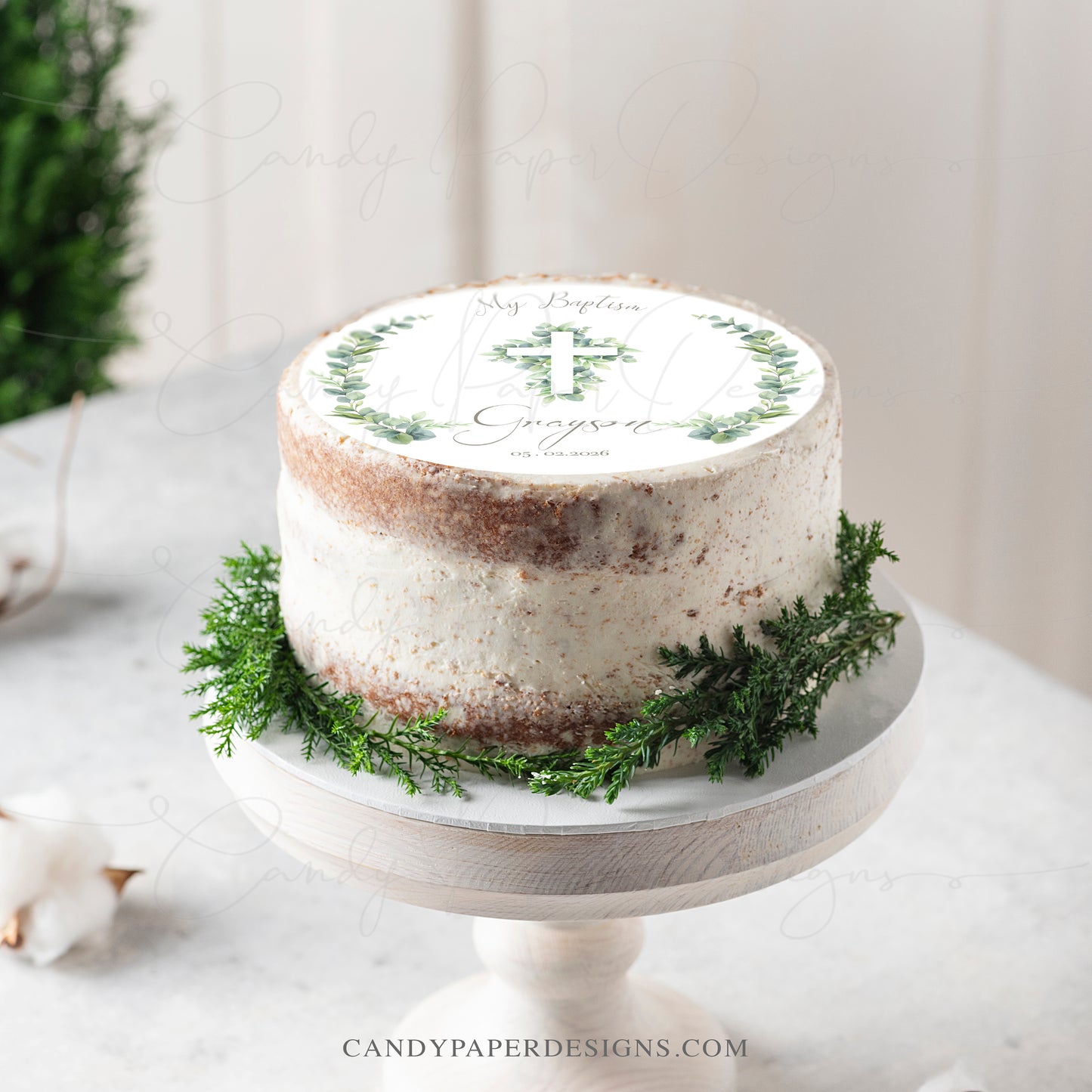 Baptism Edible Cake Topper – Personalized Green Cross Christening Cake Image