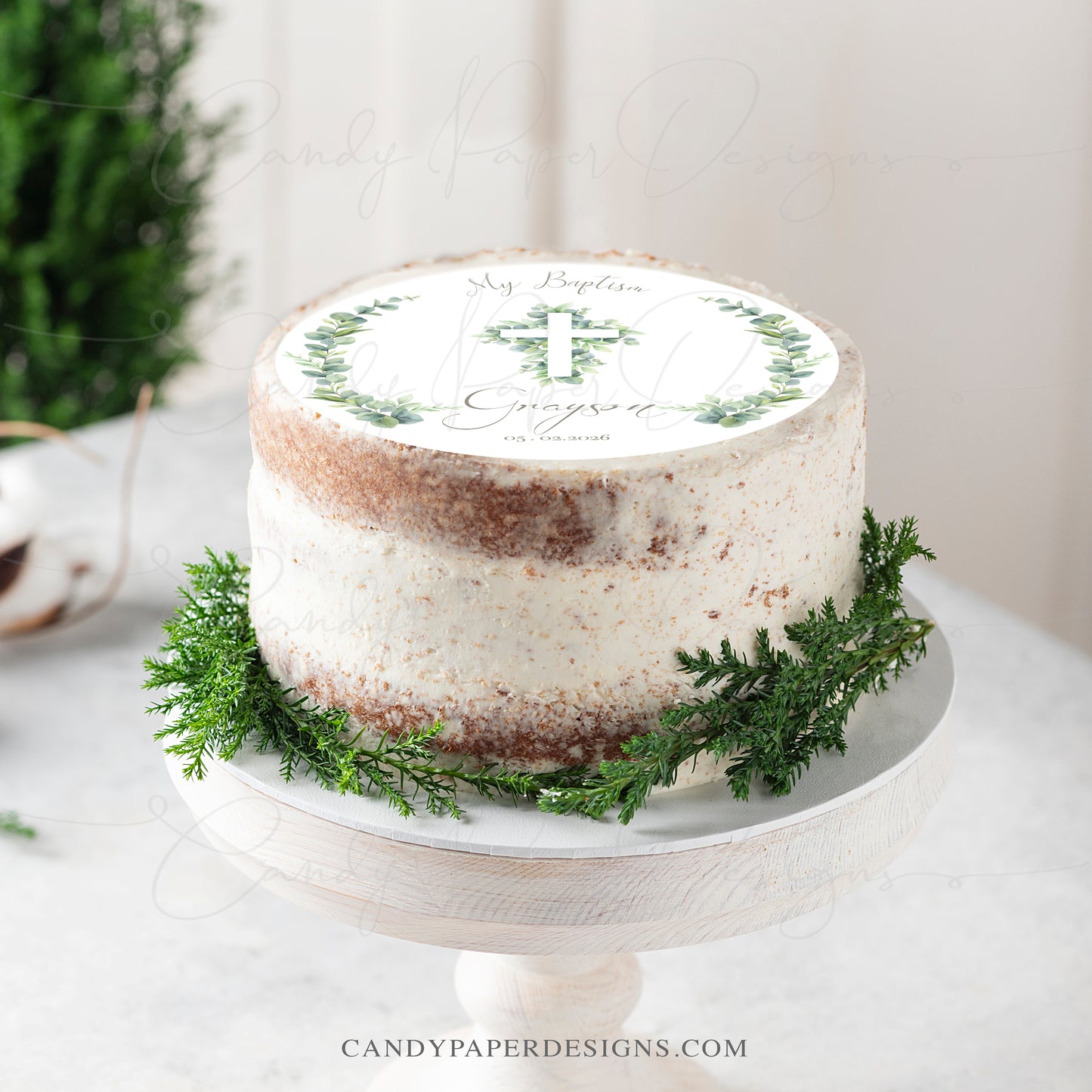 Baptism Edible Cake Topper – Personalized Green Cross Christening Cake Image