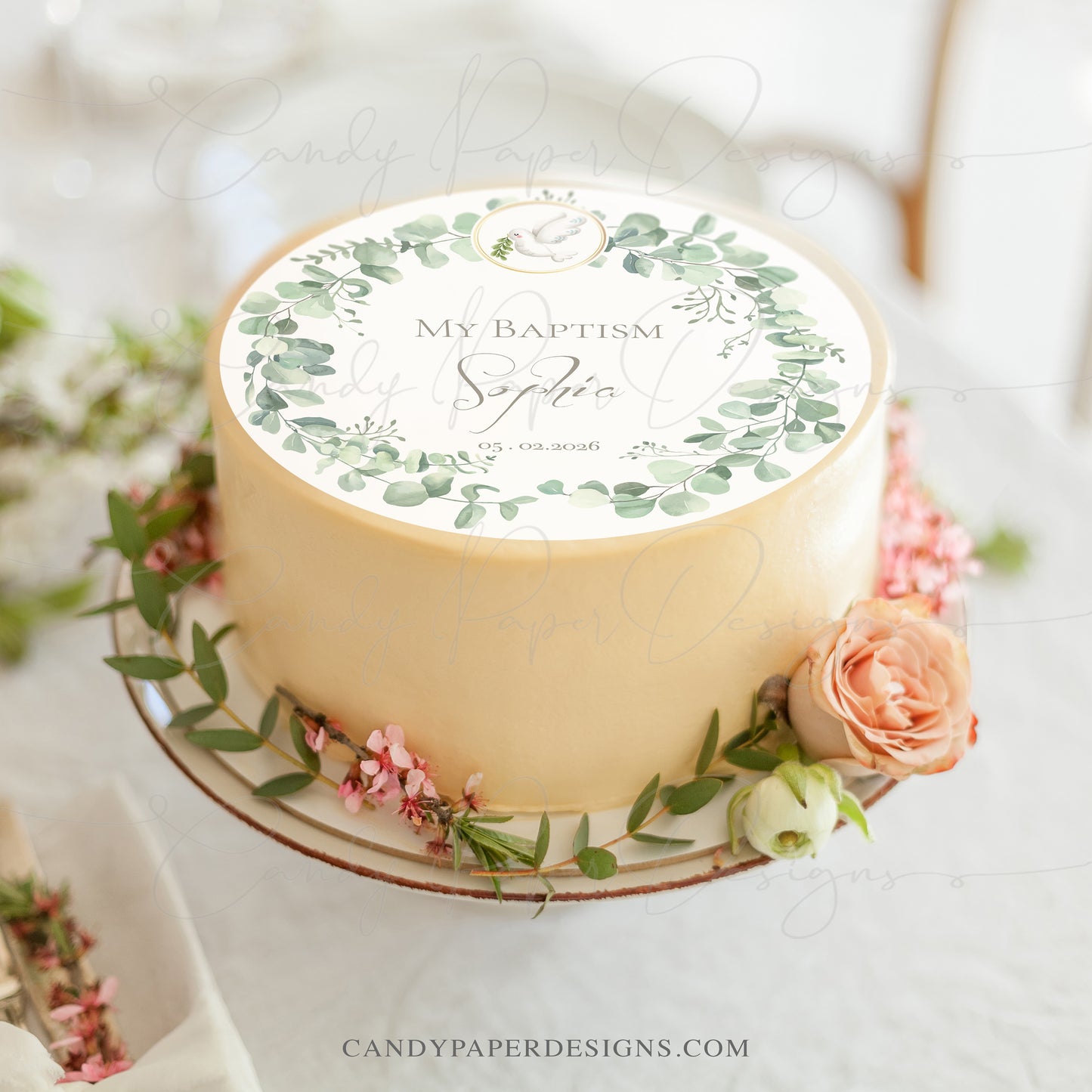 My Baptism Edible Cake Topper – Personalized Floral Christening Cake