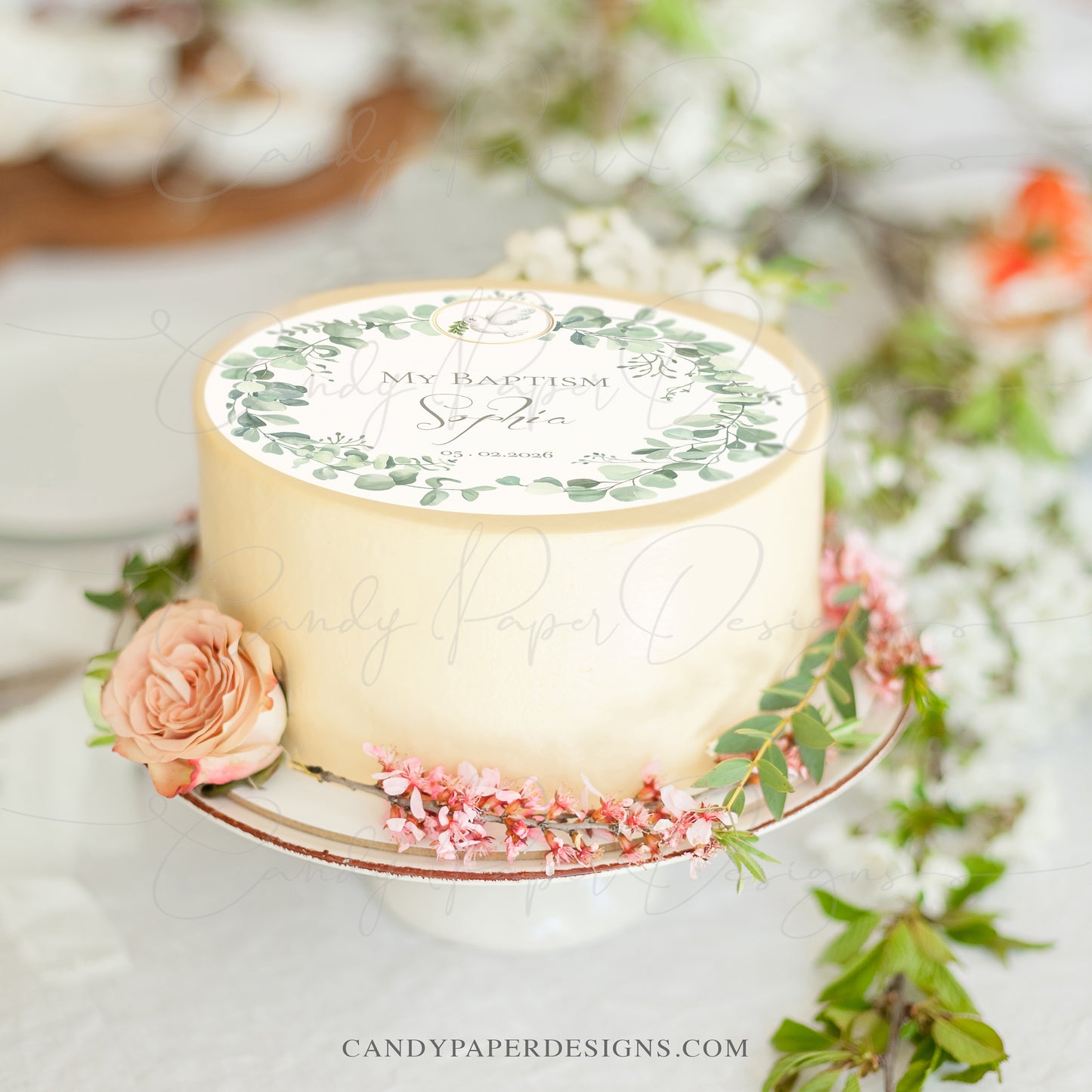 My Baptism Edible Cake Topper – Personalized Floral Christening Cake