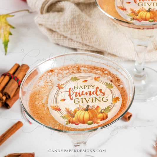 Thanksgiving Drink Toppers, 12 Edible Wafer Toppers “Happy Friendsgiving”, Fall Cocktail & Coffee Decorations