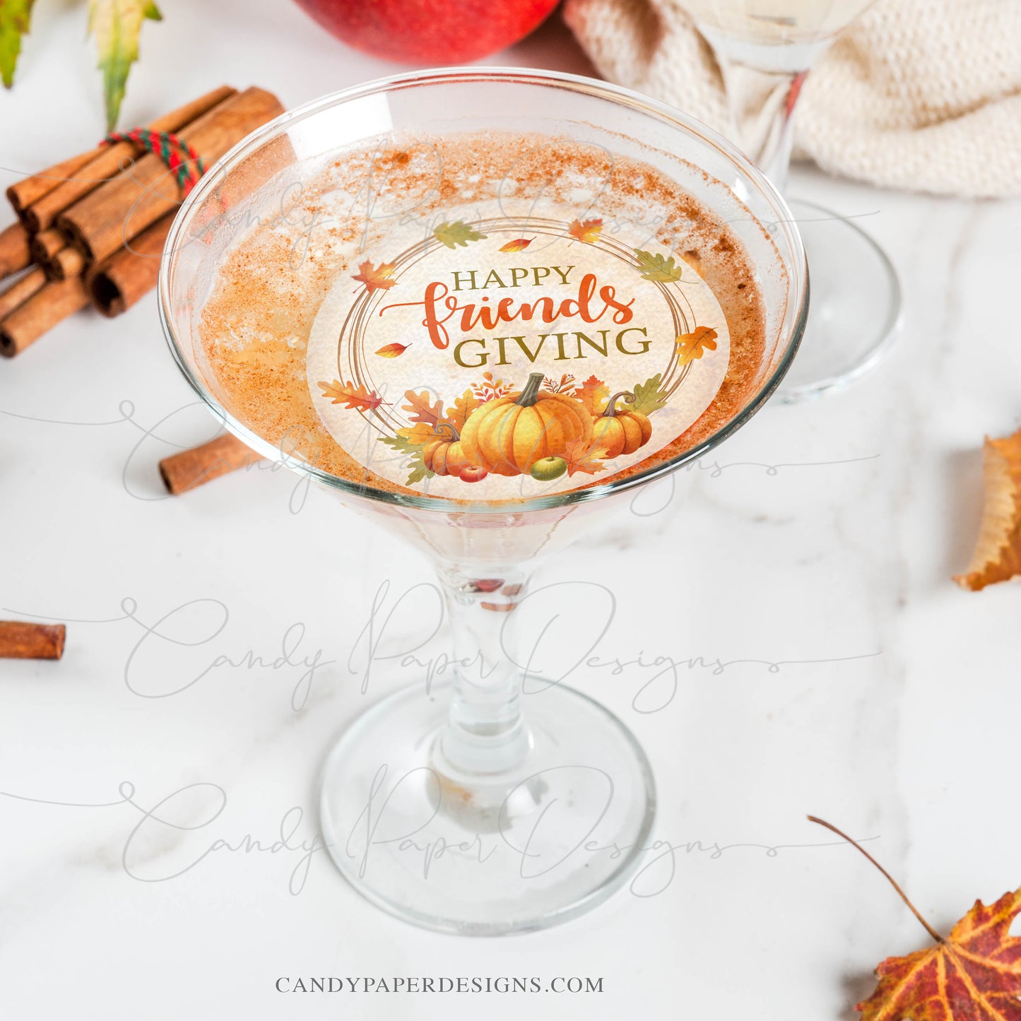 Thanksgiving Drink Toppers, 12 Edible Wafer Toppers “Happy Friendsgiving”, Fall Cocktail & Coffee Decorations