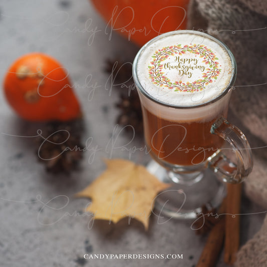 Happy Thanksgiving Day Drink Toppers, 12 Edible Wafer Toppers, Fall Cocktail & Coffee Decorations