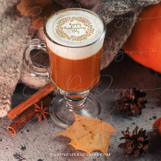 Happy Thanksgiving Day Drink Toppers, 12 Edible Wafer Toppers, Fall Cocktail & Coffee Decorations