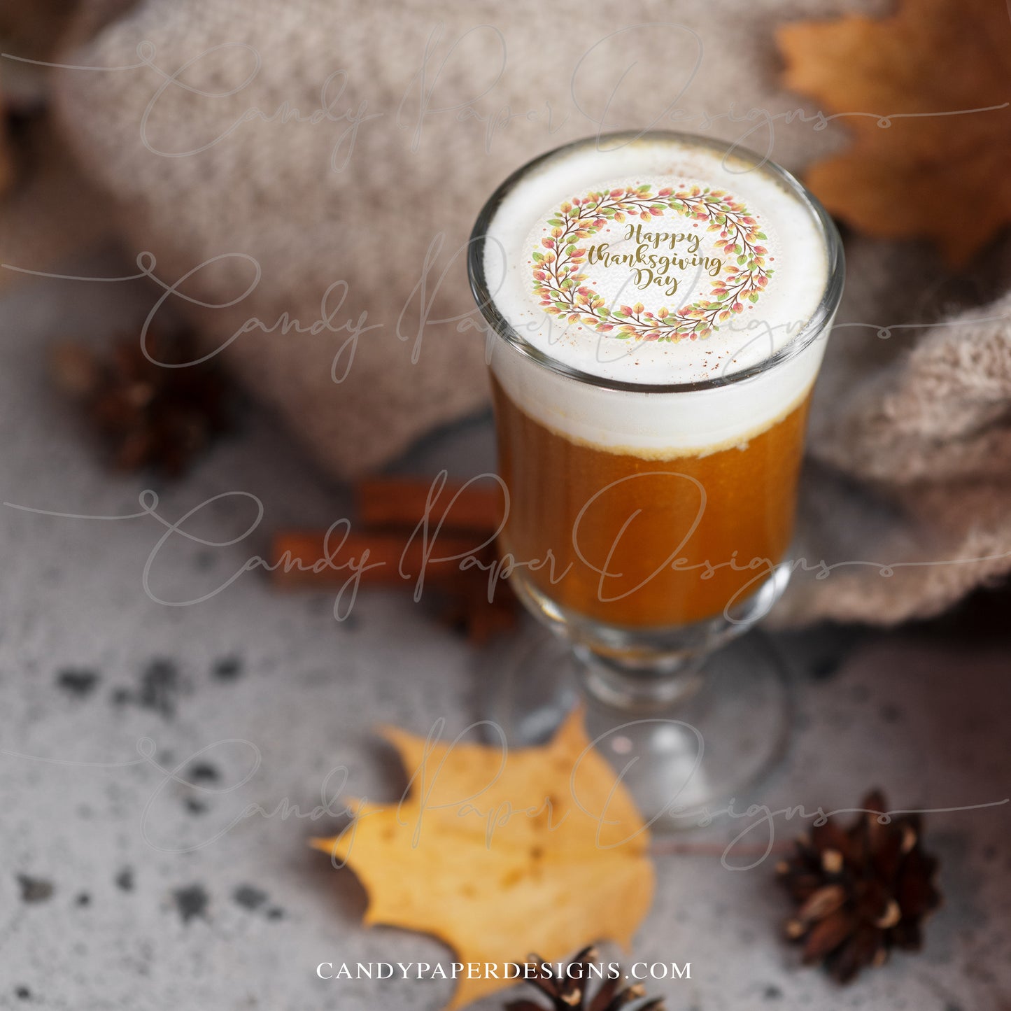 Happy Thanksgiving Day Drink Toppers, 12 Edible Wafer Toppers, Fall Cocktail & Coffee Decorations